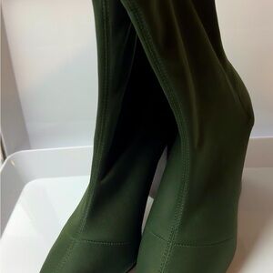 Army green block heel boots.